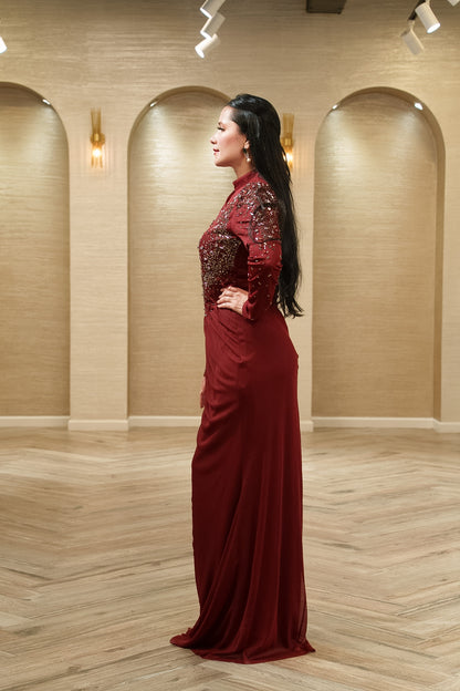 Crystal Embellished Ruched Evening Gown