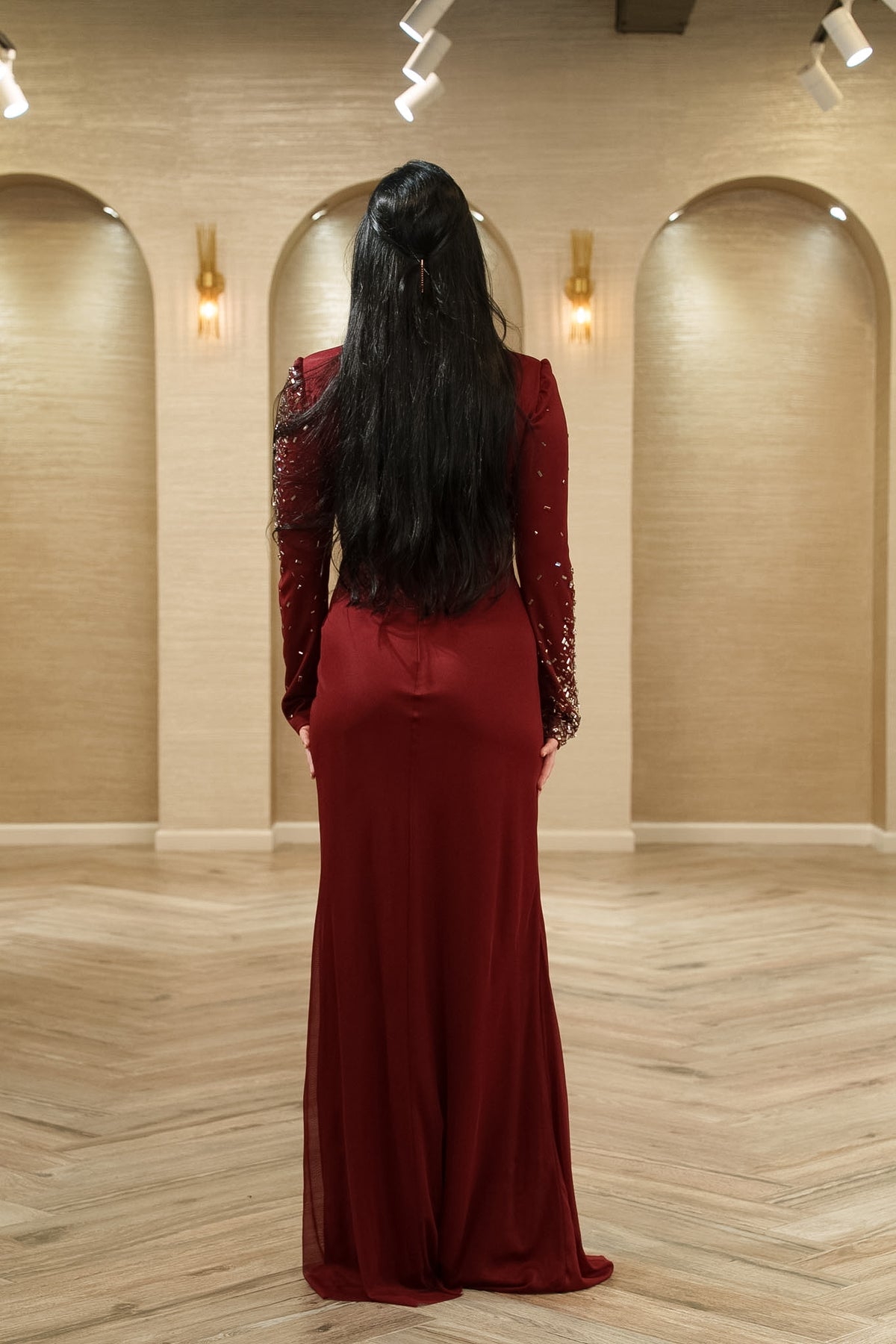 Crystal Embellished Ruched Evening Gown