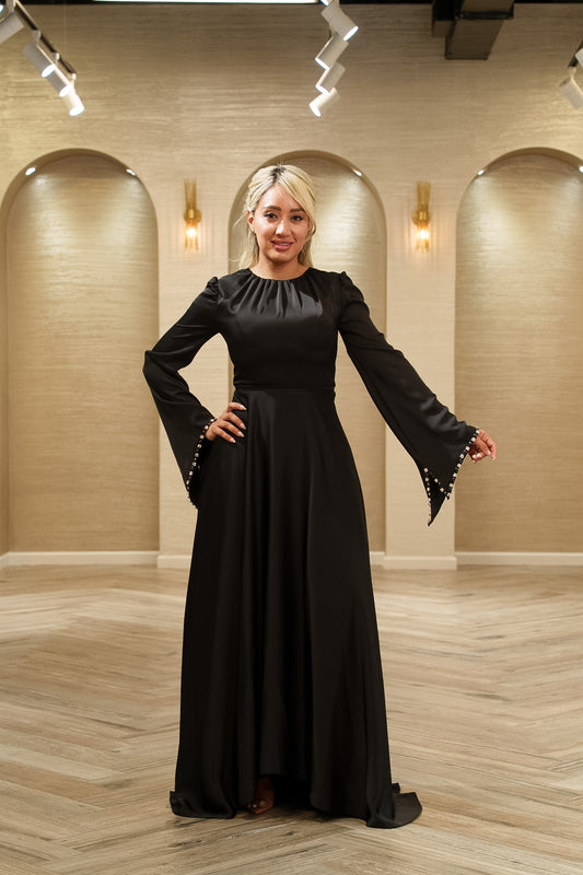 Noir Elegance Flared Sleeve Evening Gown