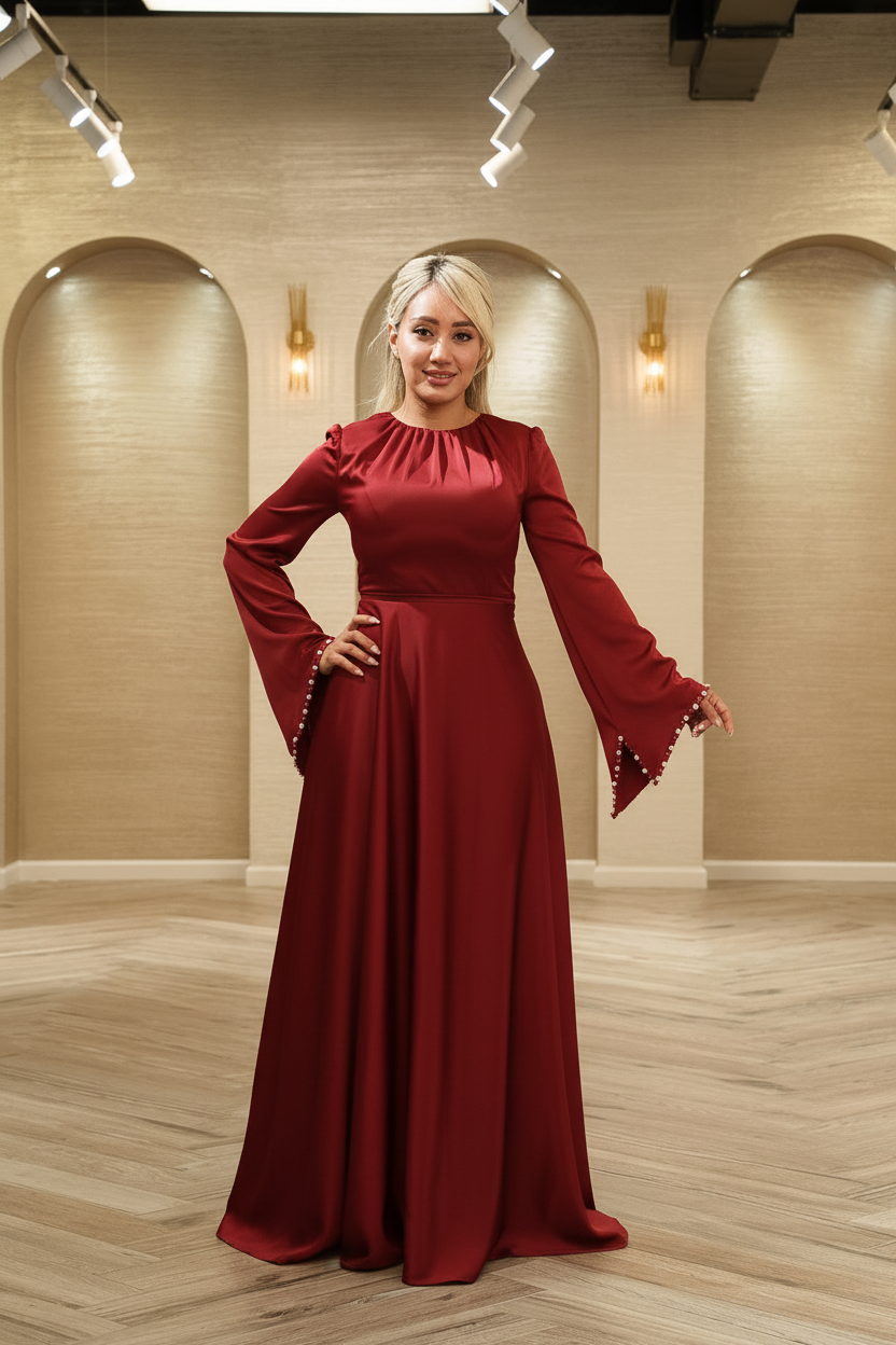Crepe A-Line Evening Gown with Crystal Flared Sleeves