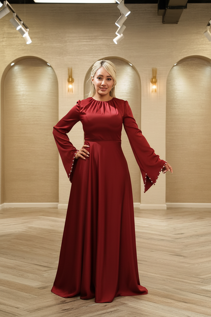 Crepe A-Line Evening Gown with Crystal Flared Sleeves