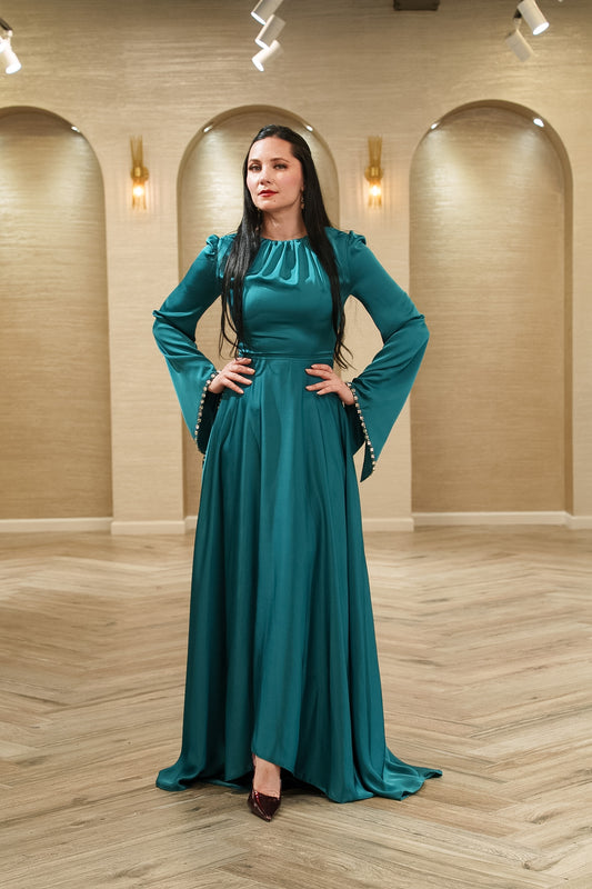 Noir Elegance Flared Sleeve Evening Gown