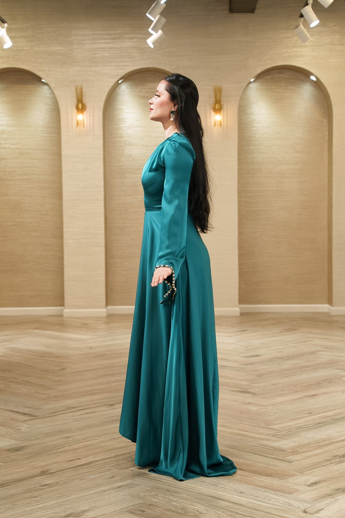 Crepe A-Line Evening Gown with Crystal Flared Sleeves