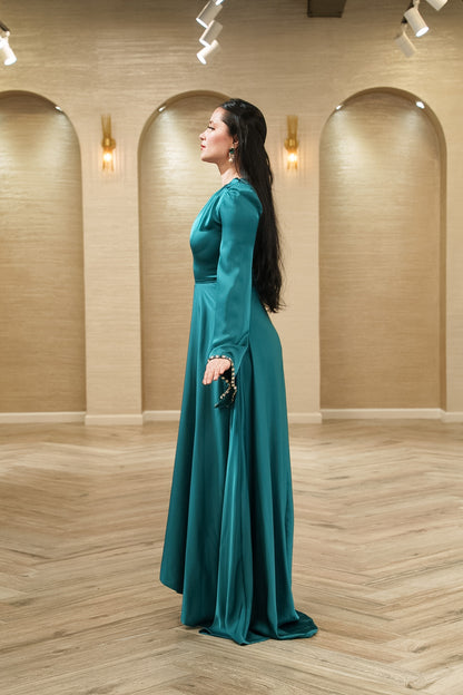 Crepe A-Line Evening Gown with Crystal Flared Sleeves