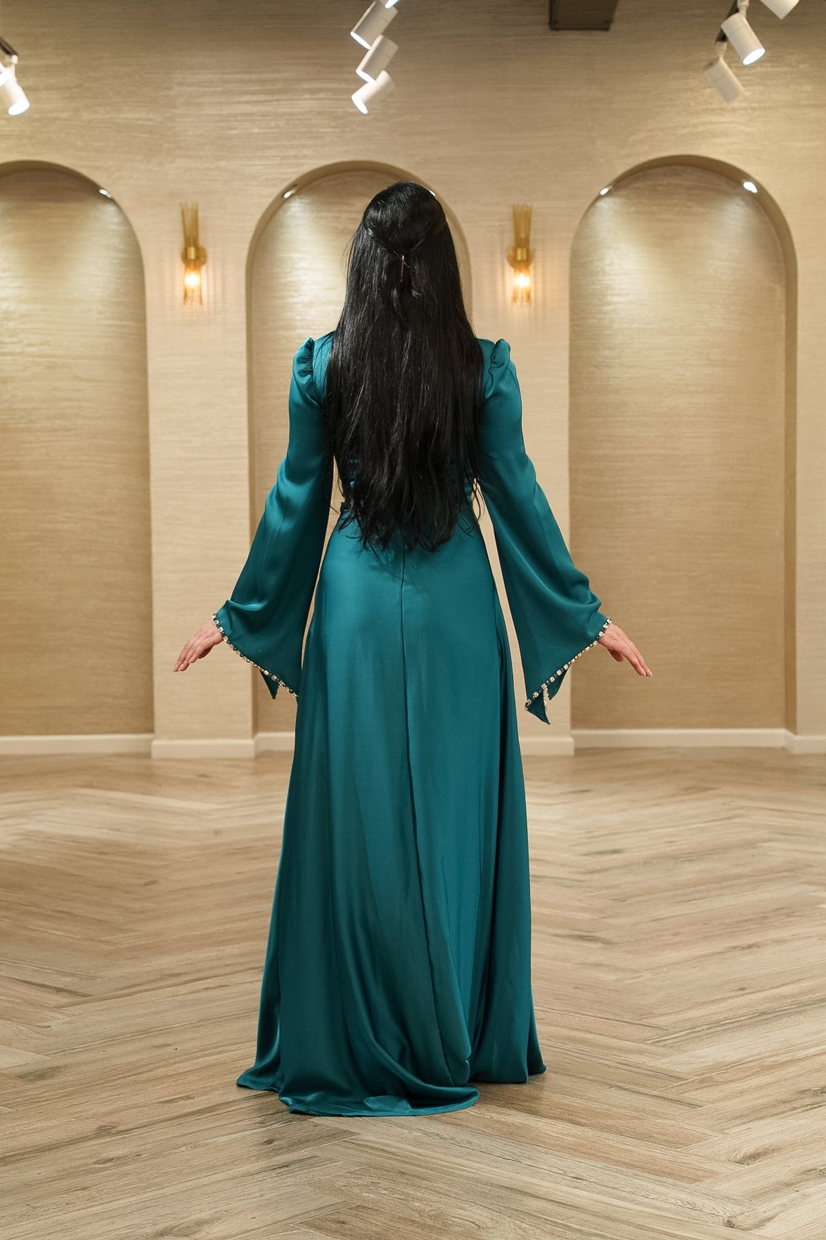 Crepe A-Line Evening Gown with Crystal Flared Sleeves