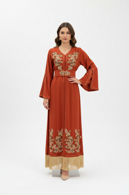 Orange Embroidered Caftan with Gold Fringe