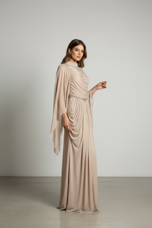 The Celeste Draped Shimmer Evening Gown - Champagne Beige