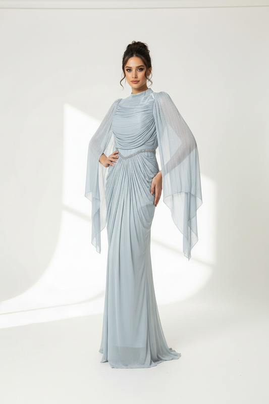 The Celeste Draped Shimmer Evening Gown - Ice Blue