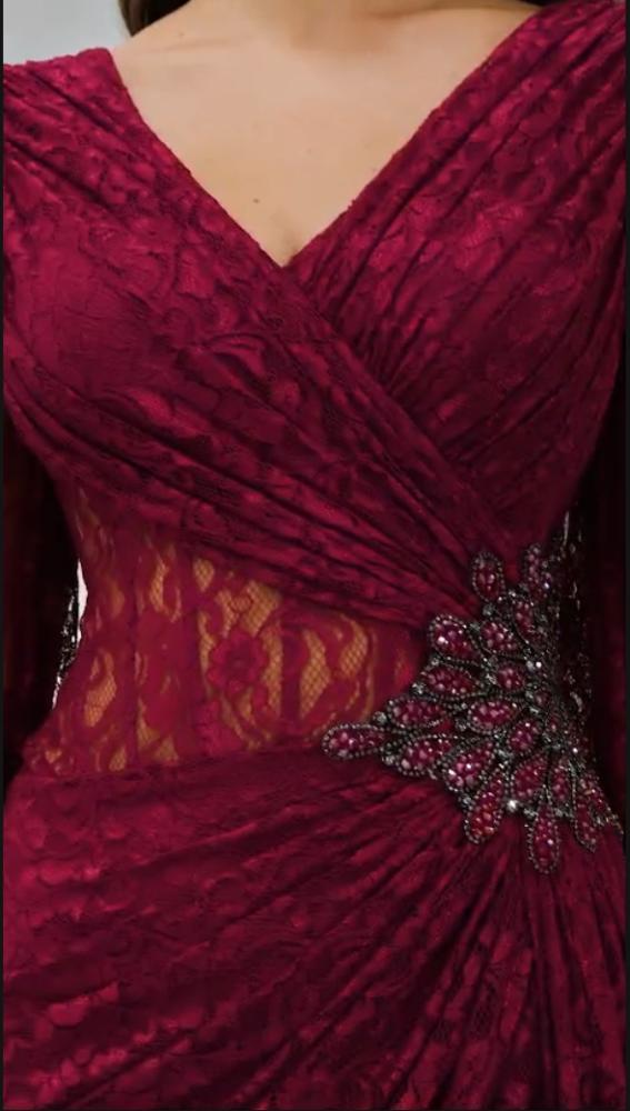Celestine Burgundy Lace Gown with Pleated Skirt