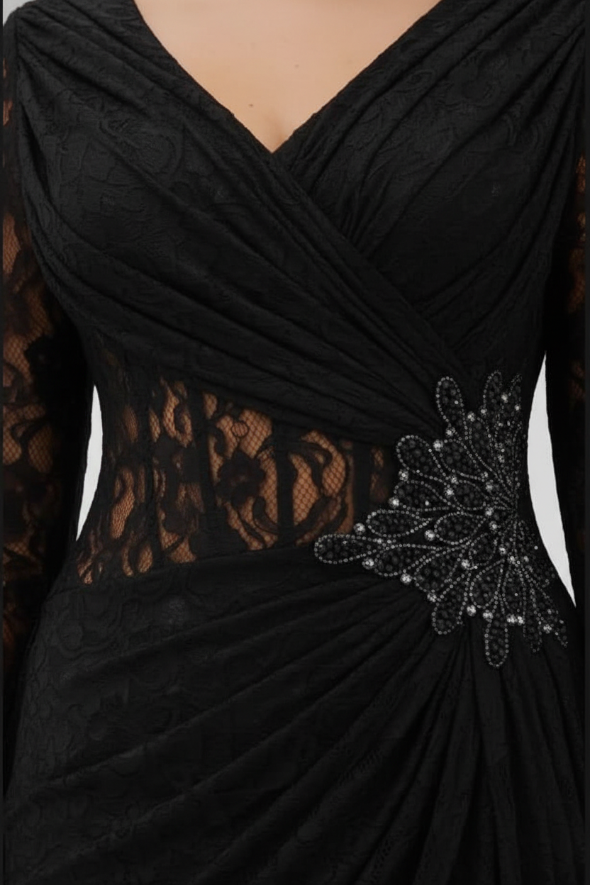 Celestine Black Lace Gown with Pleated Skirt