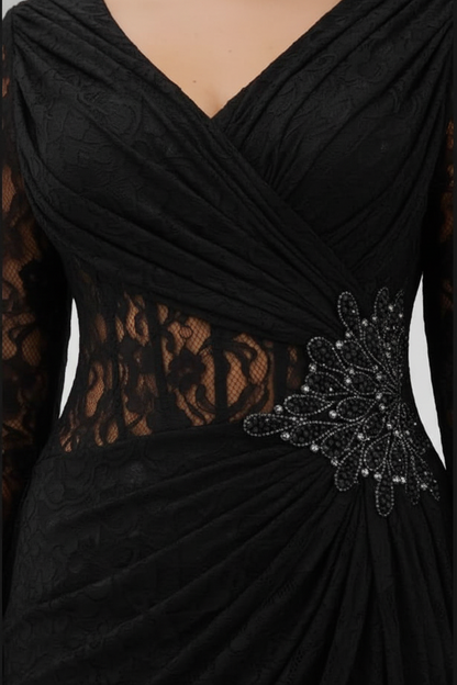 Celestine Black Lace Gown with Pleated Skirt