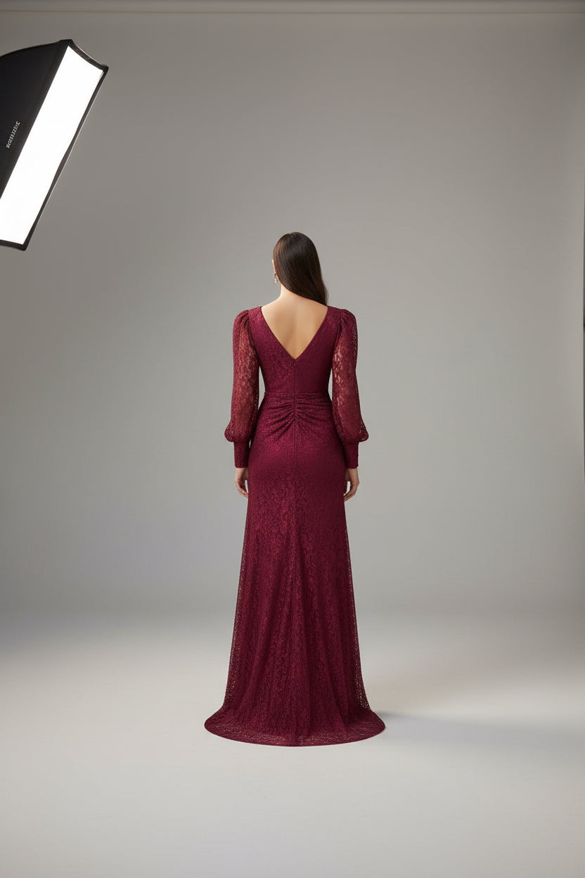 Celestine Burgundy Lace Gown with Pleated Skirt