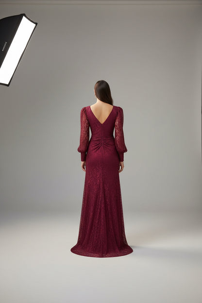 Celestine Burgundy Lace Gown with Pleated Skirt