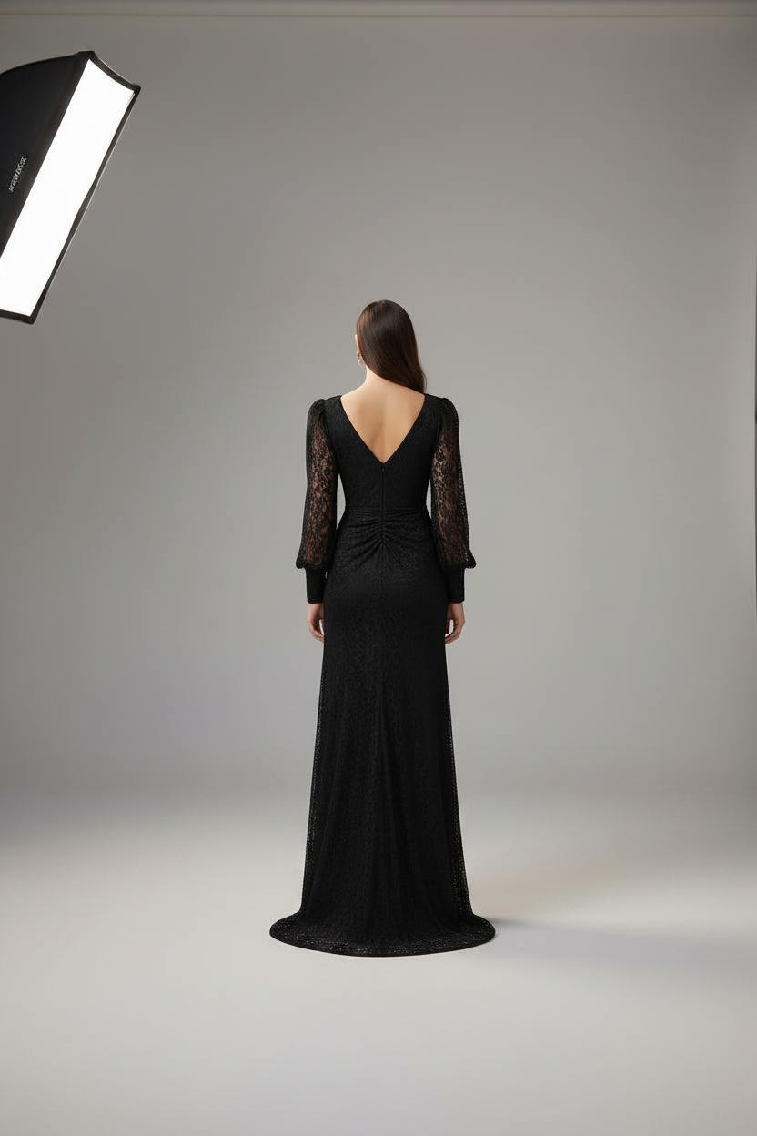 Celestine Black Lace Gown with Pleated Skirt