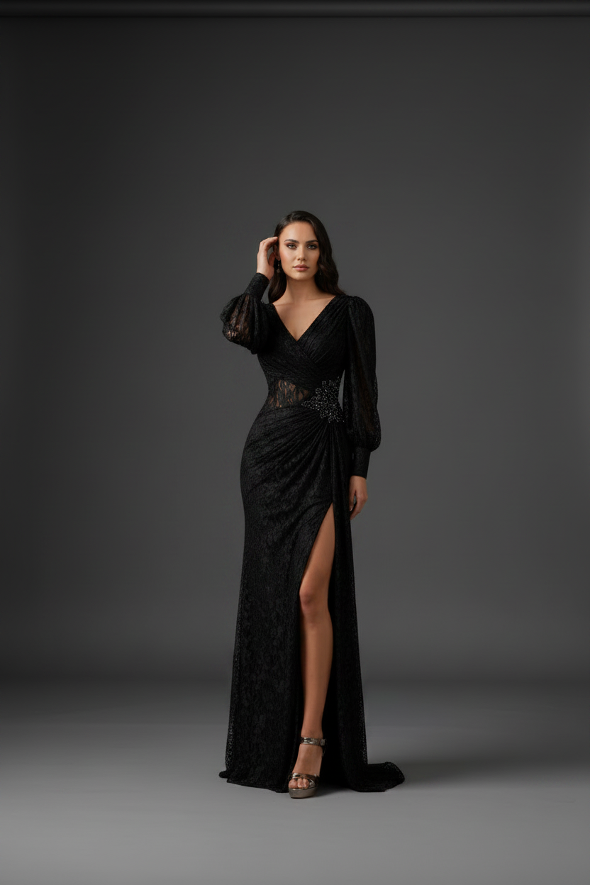 Celestine Black Lace Gown with Pleated Skirt