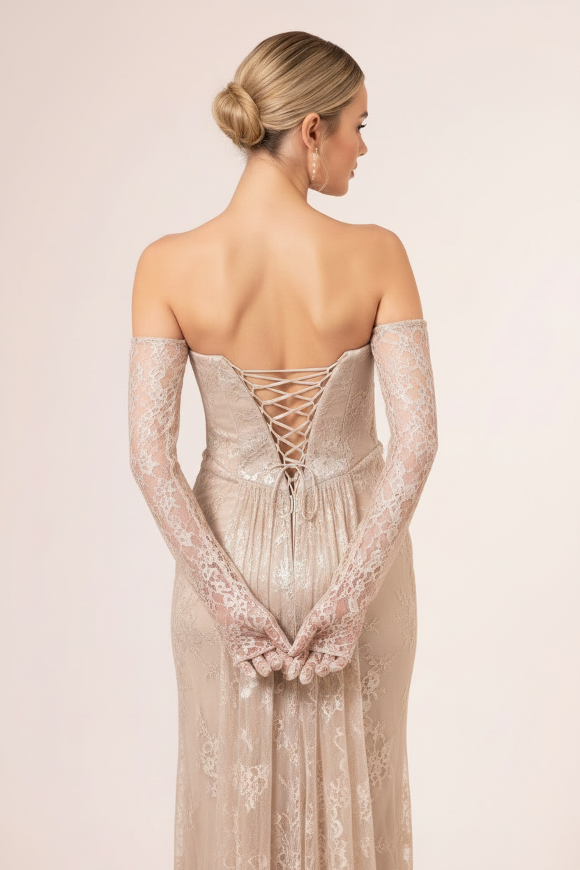 Etoile Beige Strapless Lace Column Gown with Cape Train