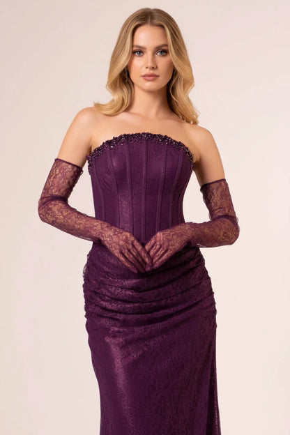 Etoile Purple Strapless Lace Column Gown with Cape Train