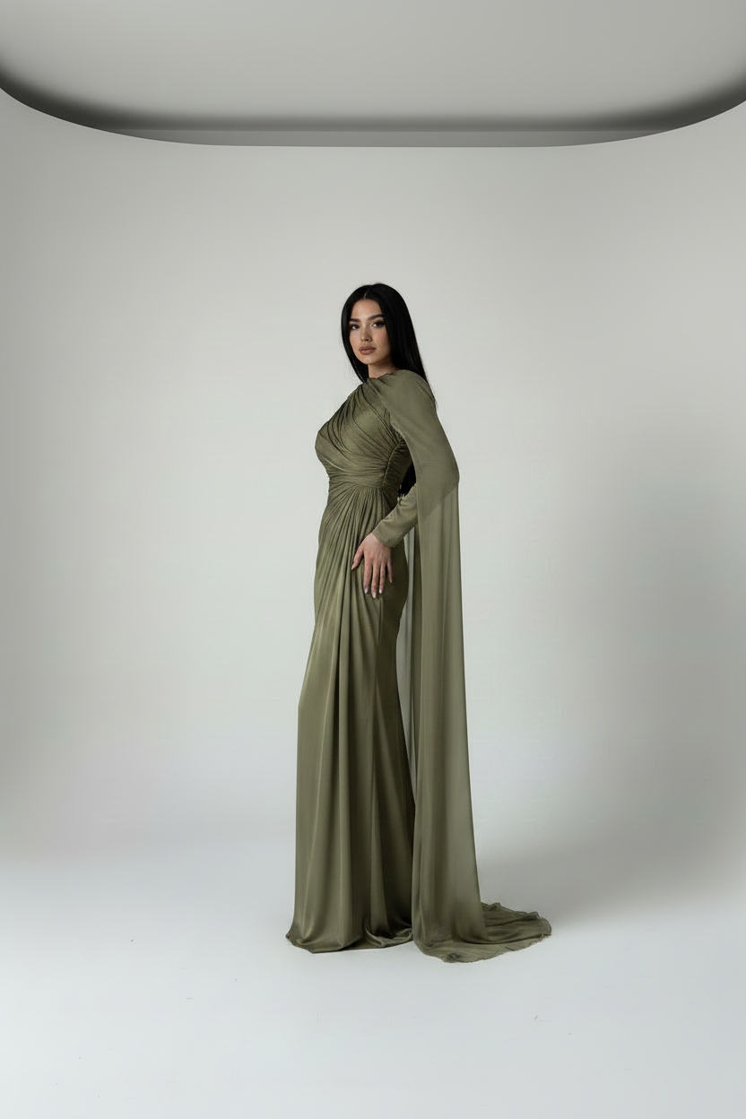 Olive Shimmer Organza Cape Gown