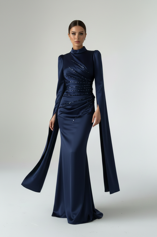 Satin Evening Dress Black with Unique Sleeve Design