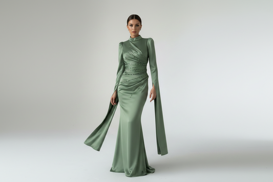 Satin Evening Dress greenwith Unique Sleeve Design