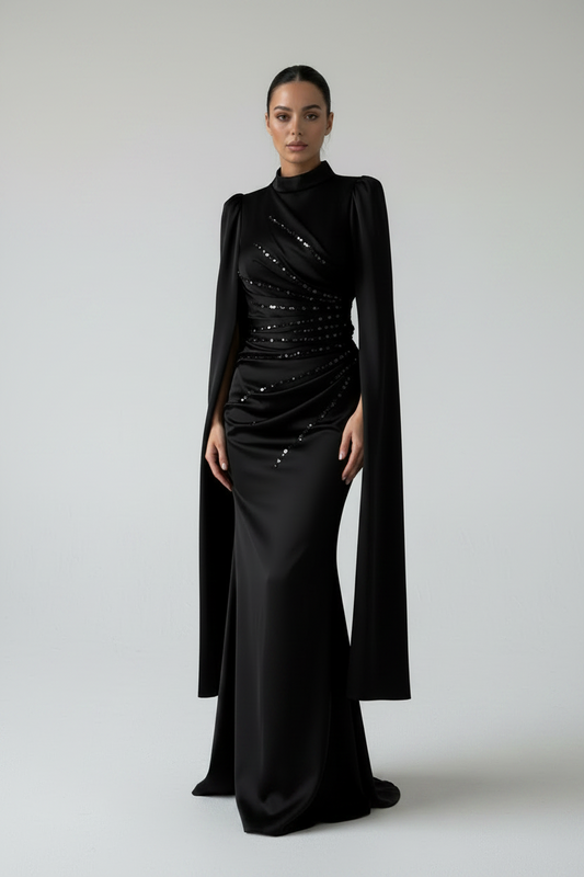 Satin Evening Dress Black with Unique Sleeve Design