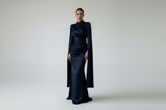 Satin Evening Dress Navy with Unique Sleeve Design