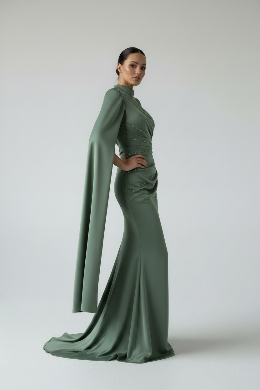 Green Stone Embroidered Satin Evening Dress with Statement Sleeves