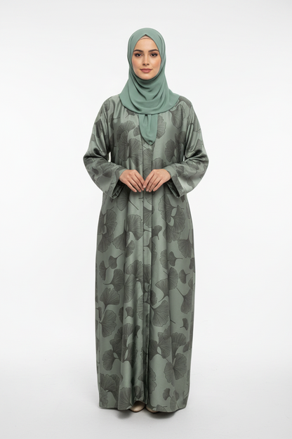 Reem Green Floral Print Satin Abaya