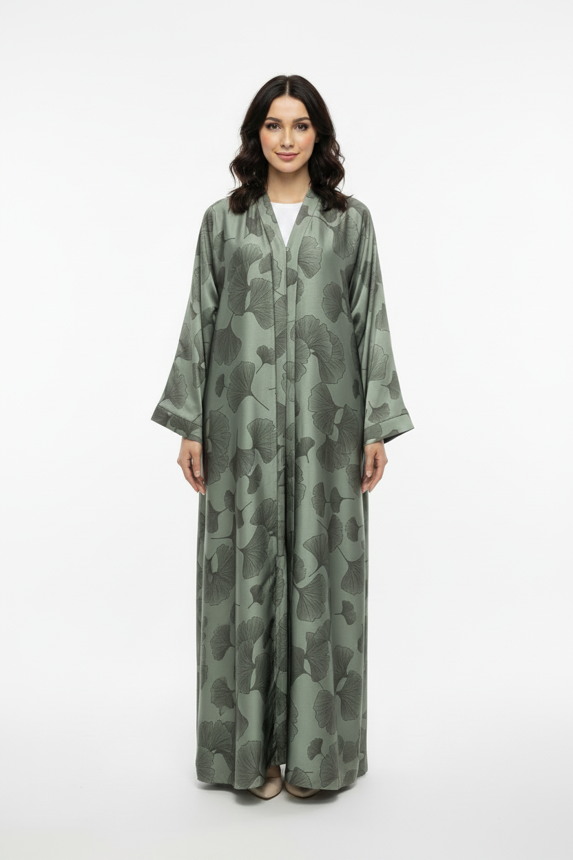 Reem Green Floral Print Satin Abaya
