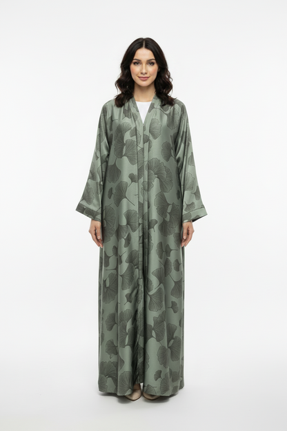 Reem Green Floral Print Satin Abaya