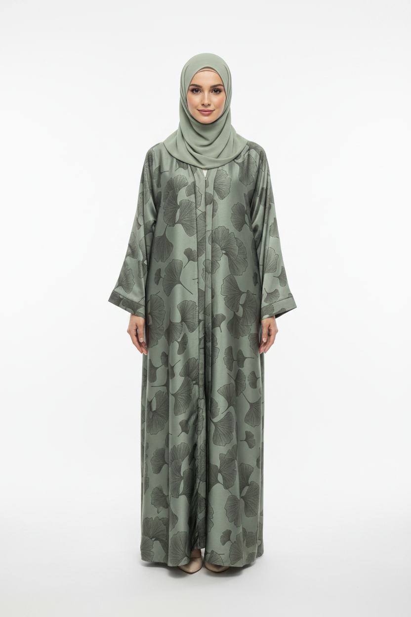 Reem Green Floral Print Satin Abaya