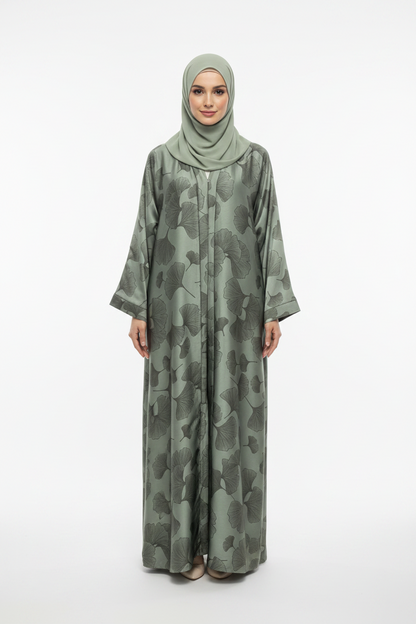 Reem Green Floral Print Satin Abaya