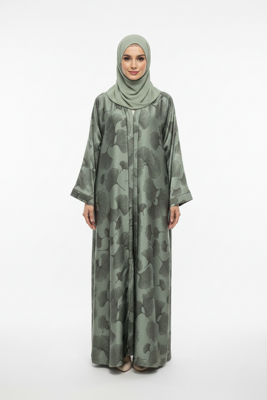 Reem Floral Satin Abaya Green