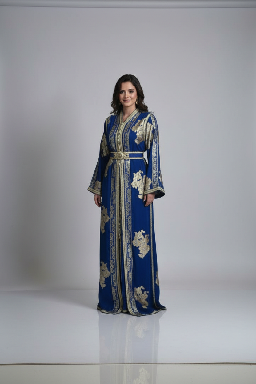 Shiny Blue Tulle Kaftan with Silk Lining