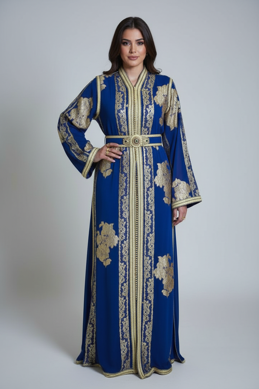 Shiny Blue Tulle Kaftan with Silk Lining