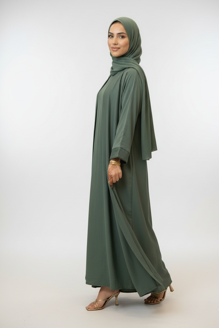Noor Green Belted V-Neck 3-Piece Abaya