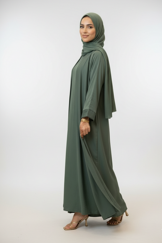 Noor Plain Green  Abaya 3pieces
