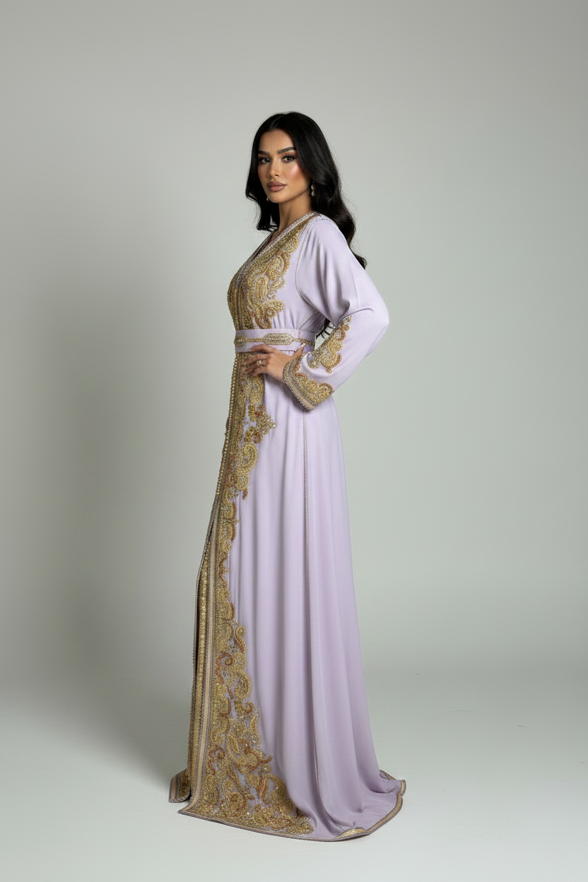 Lavender Gold Embroidered Chiffon Kaftan