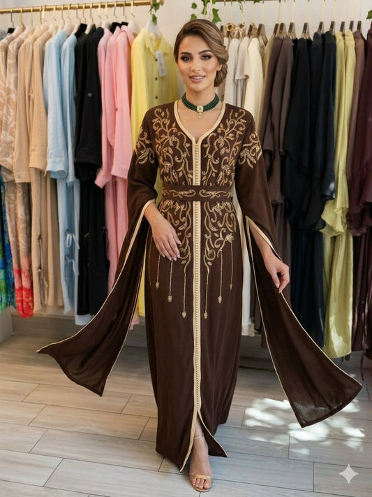 Brown Handcrafted Embroidered Caftan Long Sleeves
