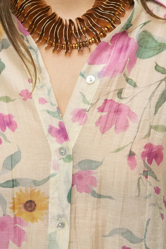 Women's Chiffon Shirt with Yellow and Pink Flowers