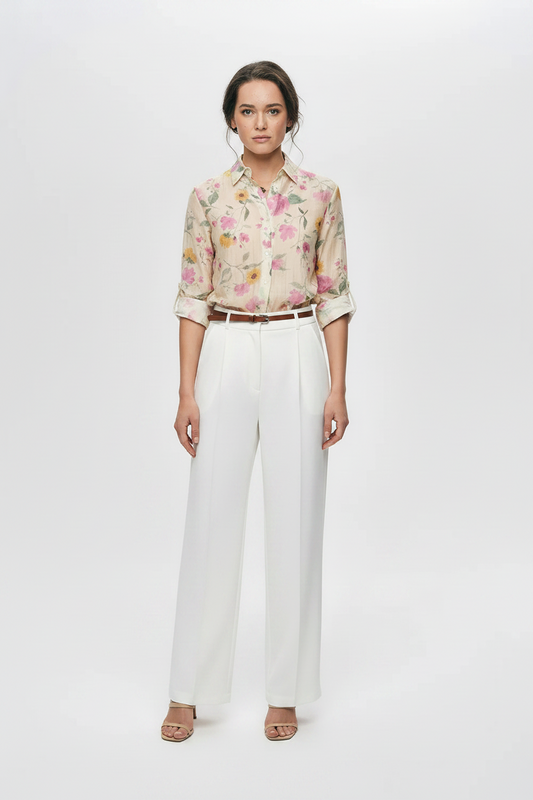 Women's Chiffon Shirt with Yellow and Pink Flowers