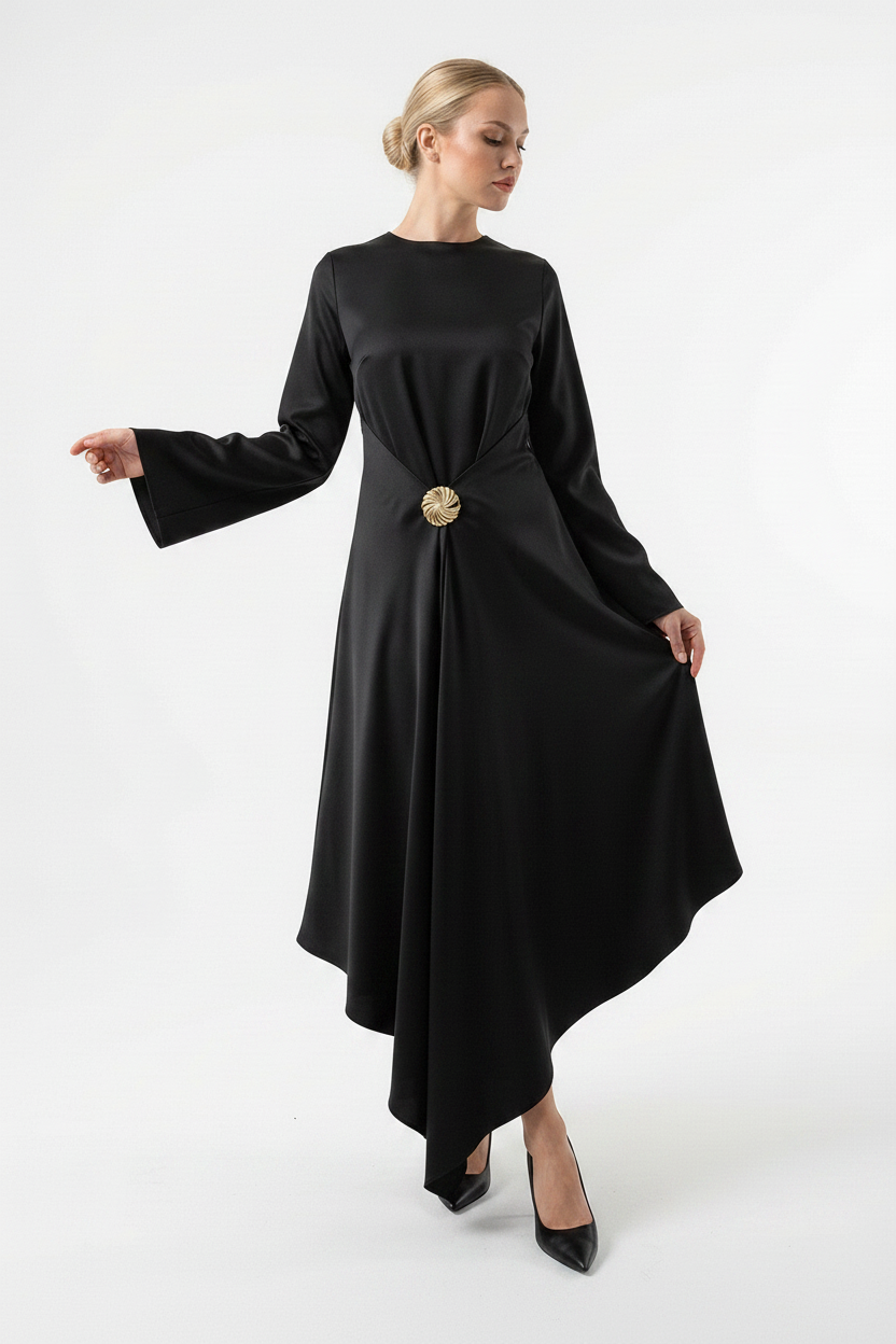 Actuel Satin Maxi Dress with Rosette Brooch