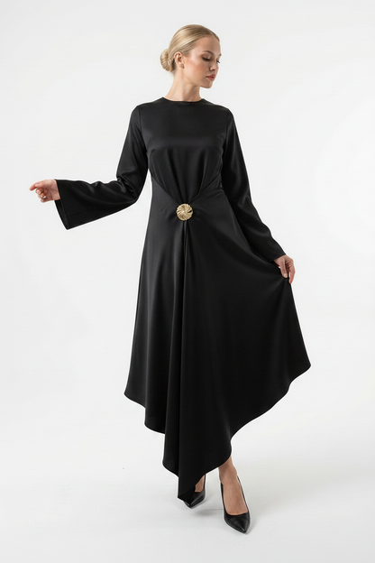 Actuel Satin Maxi Dress with Rosette Brooch