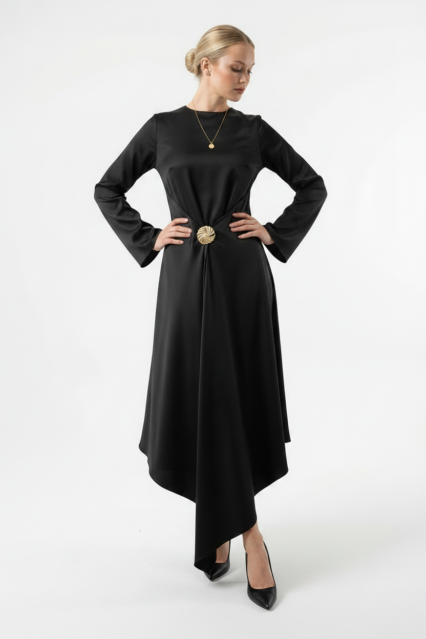 Actuel Satin Maxi Dress with Rosette Brooch