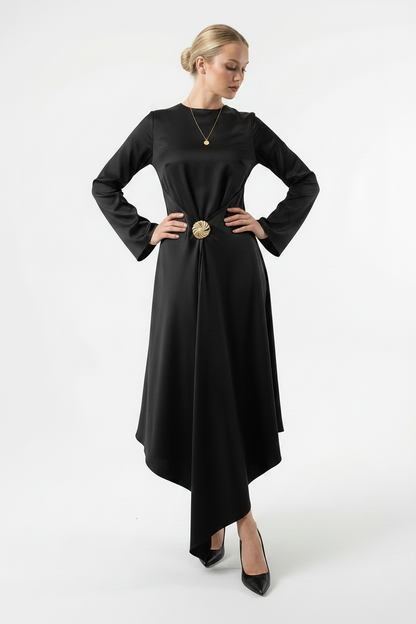 Actuel Satin Maxi Dress with Rosette Brooch