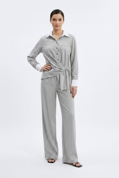 Actuel Pinstripe Linen Wrap Top &amp; Wide-Leg Pants Co-ord Set