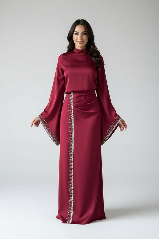The Red Flowing Sleeve Sparkly Embroidered Satin