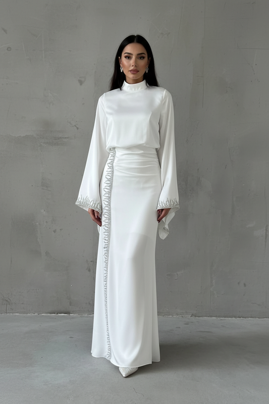 The white Flowing Sleeve Sparkly Embroidered Satin