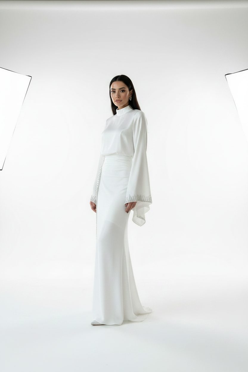 White Sparkle Embroidered Satin Dress with Flowing Sleeves