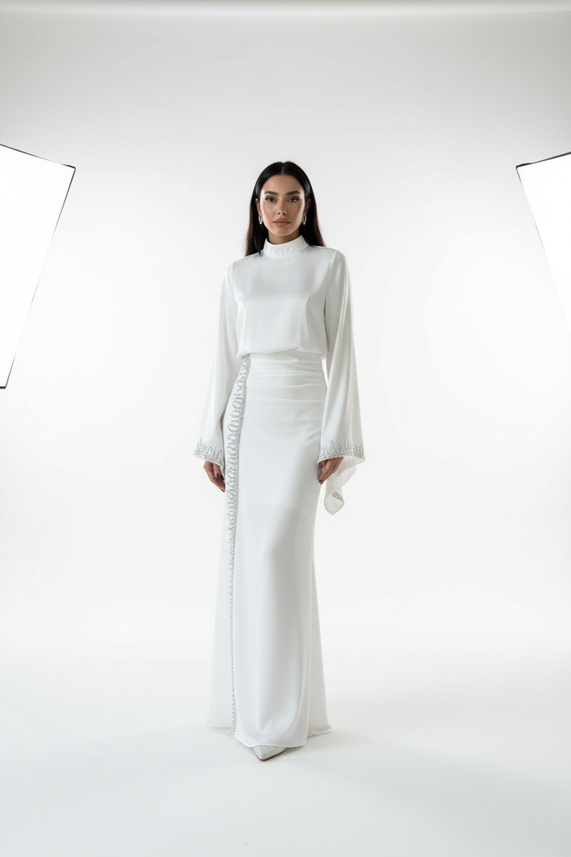 White Sparkle Embroidered Satin Dress with Flowing Sleeves